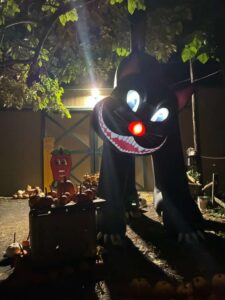 Huge blow up black car with a red nose and big teeth for Halloween